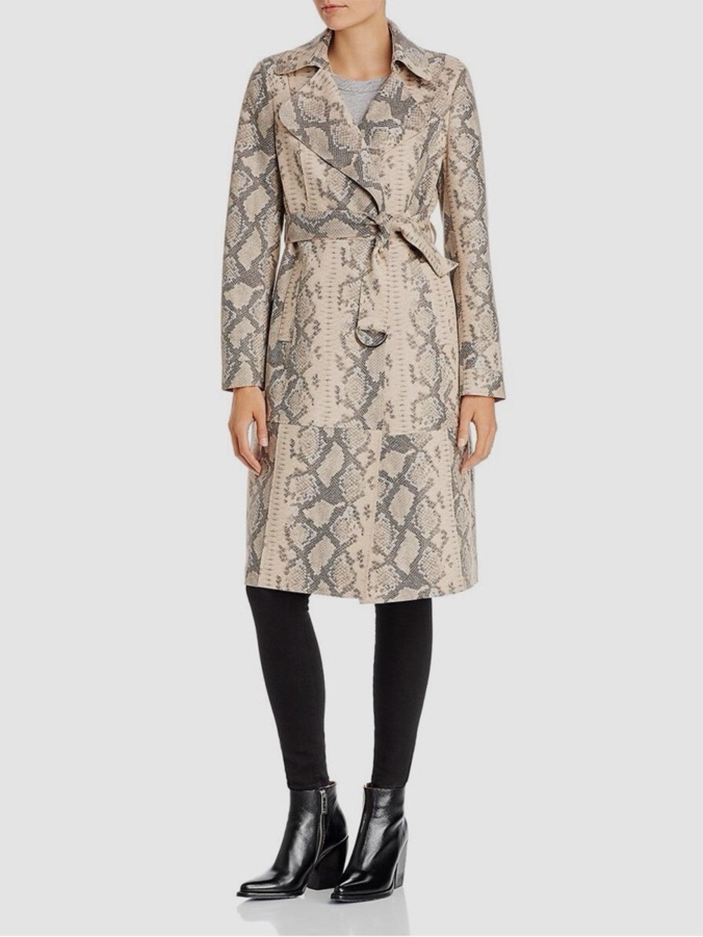 Snake-Print Tie-Waist Trench Coat in Beige
